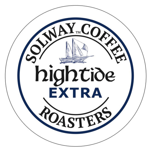 Logo of Solway Coffee Roasters Hightide Extra with a dark blue sailboat illustration on a white background