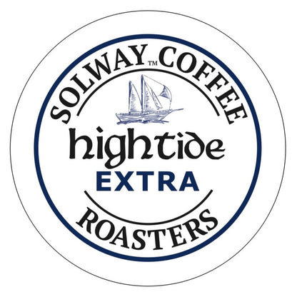 Logo of Solway Coffee Roasters Hightide Extra with a dark blue sailboat illustration on a white background