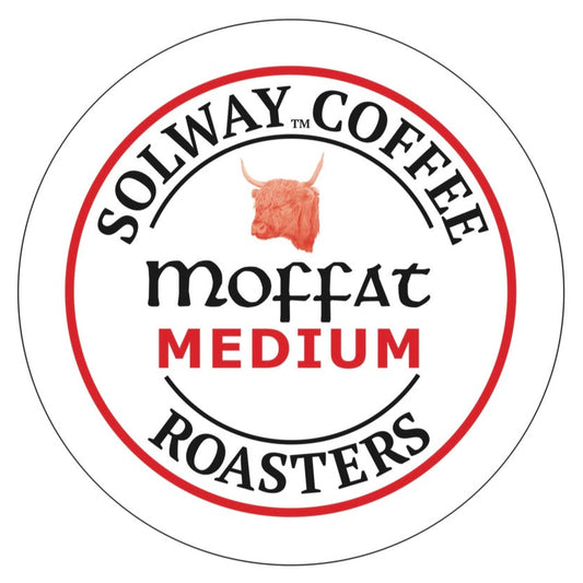 Logo of Solway Coffee Roasters Moffat Medium with a red highland cow head illustration on a white background