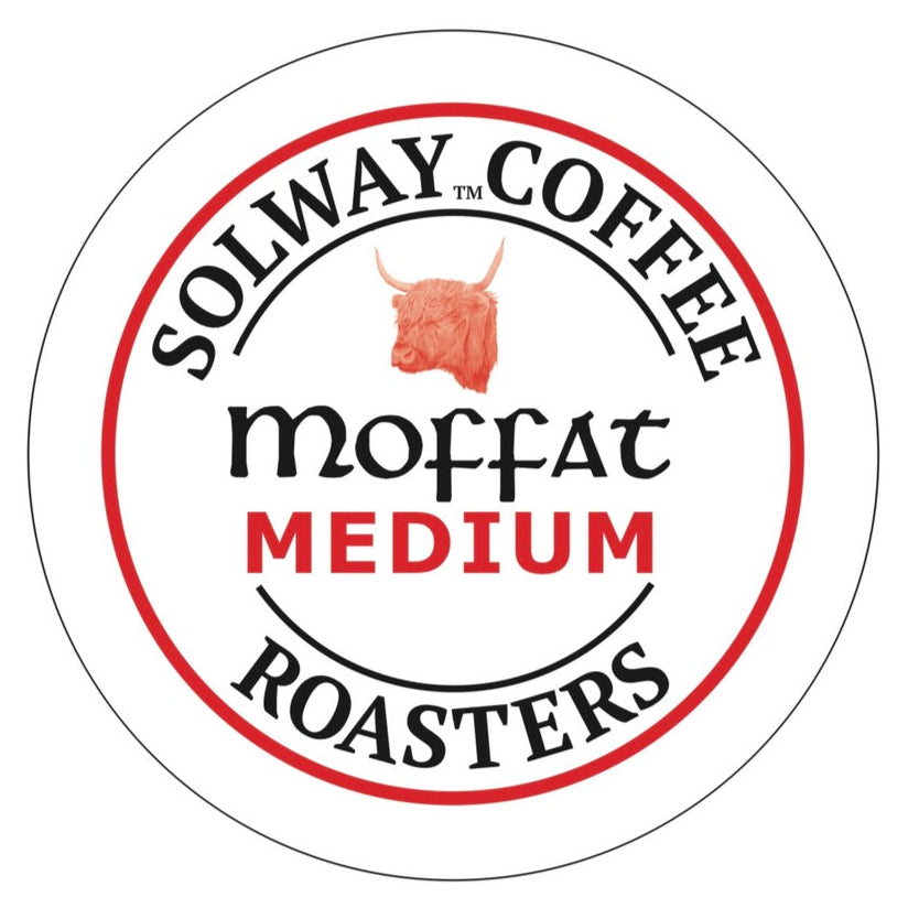 Logo of Solway Coffee Roasters Moffat Medium with a red highland cow head illustration on a white background