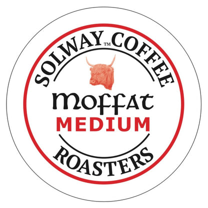 Logo of Solway Coffee Roasters Moffat Medium with a red highland cow head illustration on a white background
